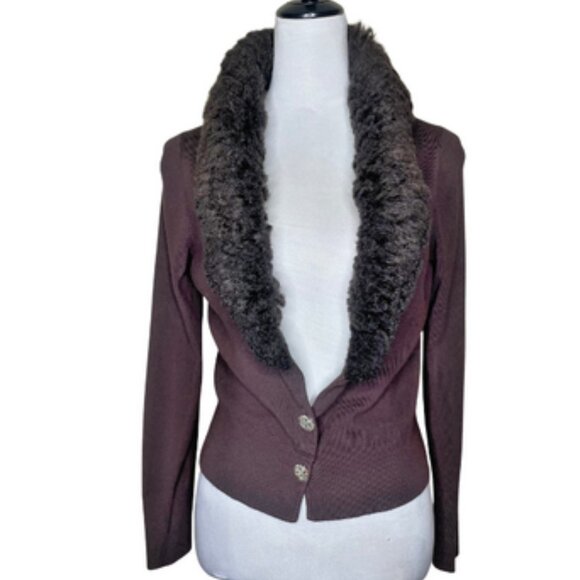 Loft Ann Taylor Vintage Brown Cardigan Sweater Faux Fur Accent Buttons Sz Large - Picture 1 of 8